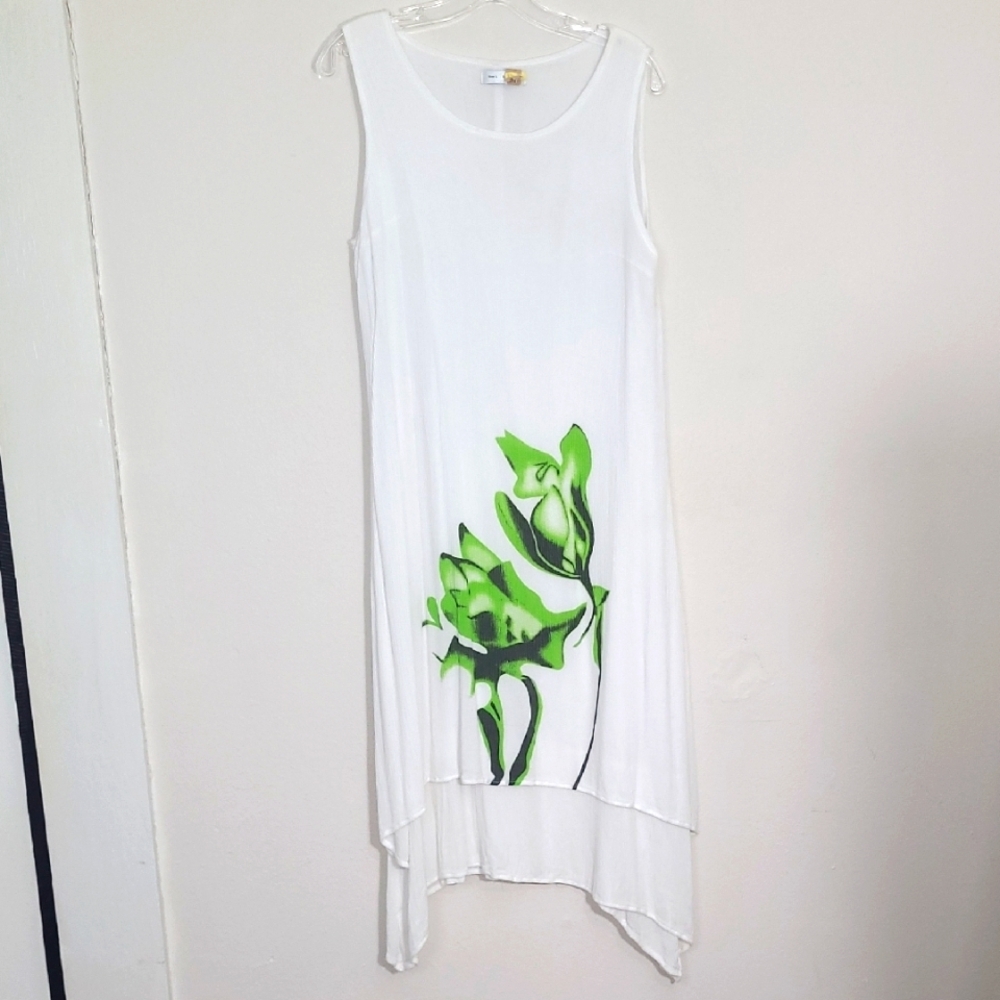 White Dress Gauzy Crinkle Bohemian Milkmaid Artsy Floral Print Relaxed Hi Lo